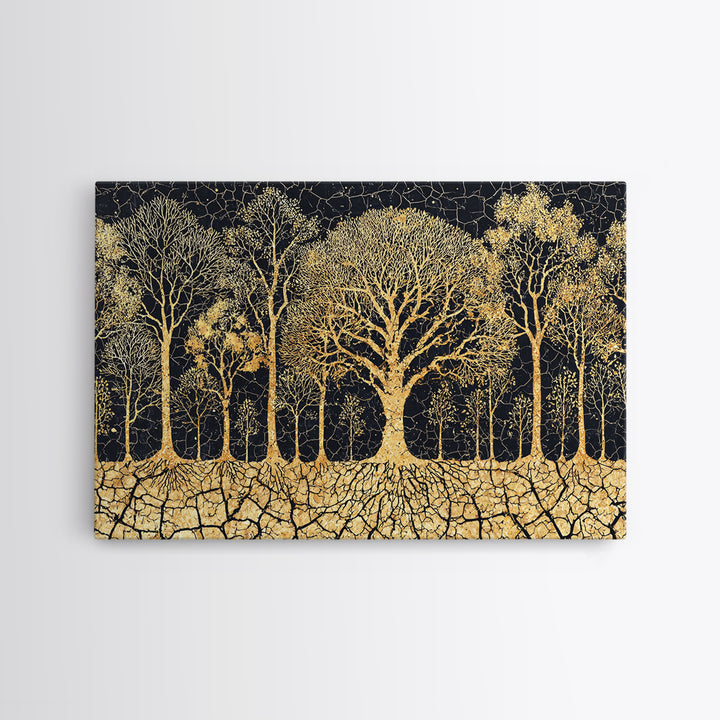 Golden Baobab Tree Grove On Black Cracked Earth Canvas Print, African Tree Inspired Abstract Wall Decor, Luxury Home Art