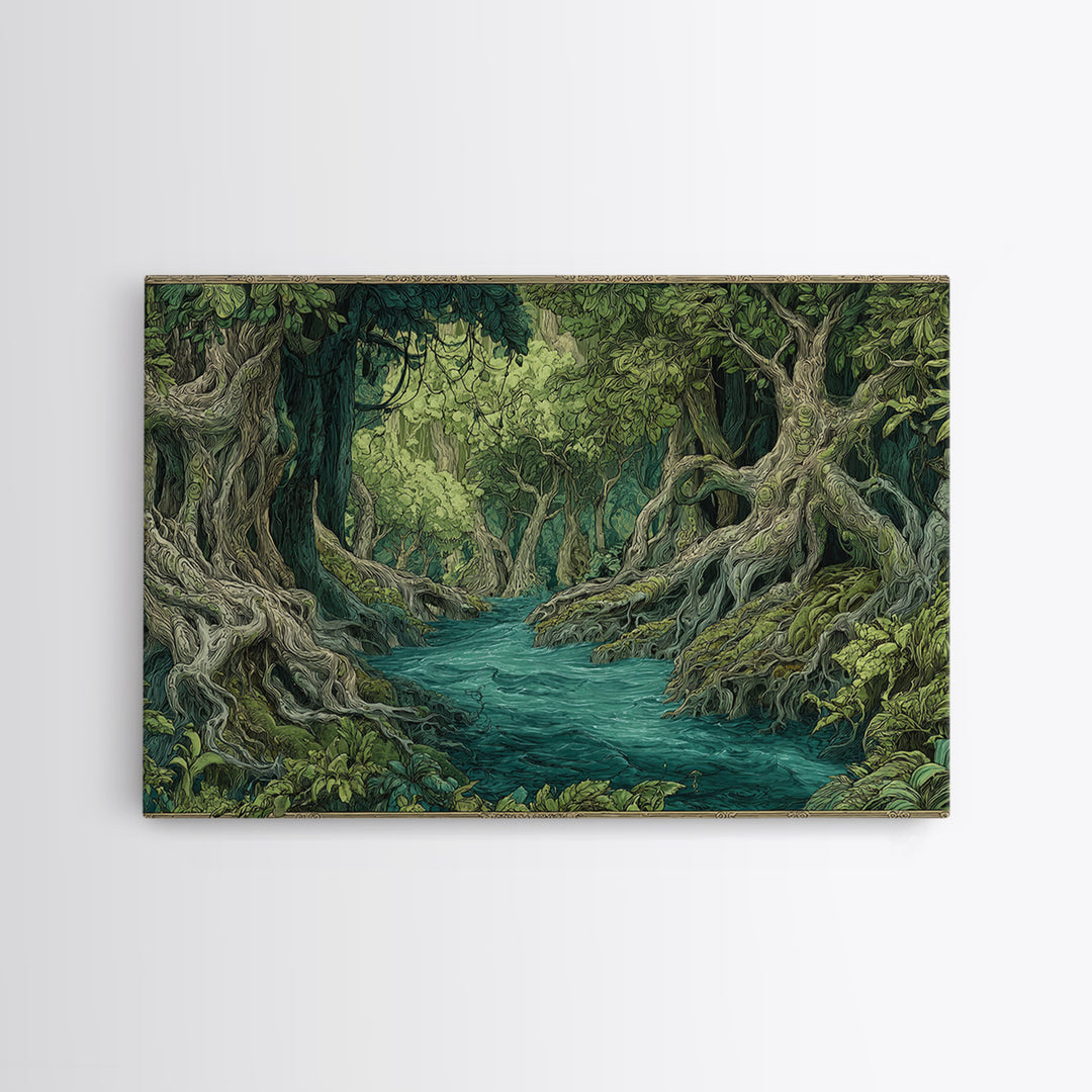 Enchanted River Forest With Ancient Roots Framed Canvas Print, Green Jungle Landscape Wall Decor, Mystical Nature Artwork