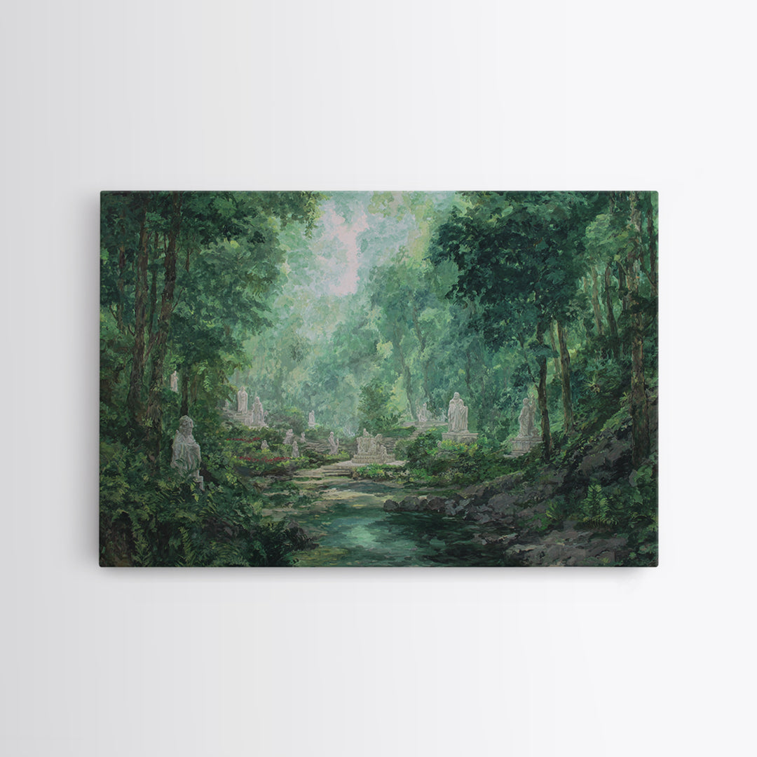 Misty Forest Ruins With Statues And Stream Wall Art, Green Nature Landscape Painting, Dreamy Garden Decor For Living Room
