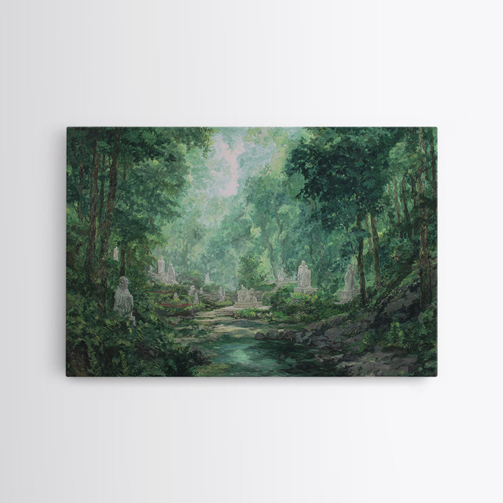 Misty Forest Ruins With Statues And Stream Wall Art, Green Nature Landscape Painting, Dreamy Garden Decor For Living Room