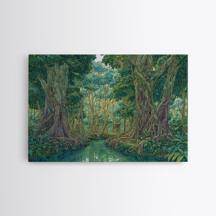 Lush Jungle River Between Towering Trees Canvas Print, Green Nature Landscape Wall Decor, Boho Tropical Living Room Art Print