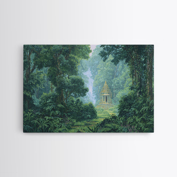 Hidden Golden Temple In Misty Jungle Framed Canvas Print, Green Nature Landscape Wall Decor, Spiritual Tropical Home Art