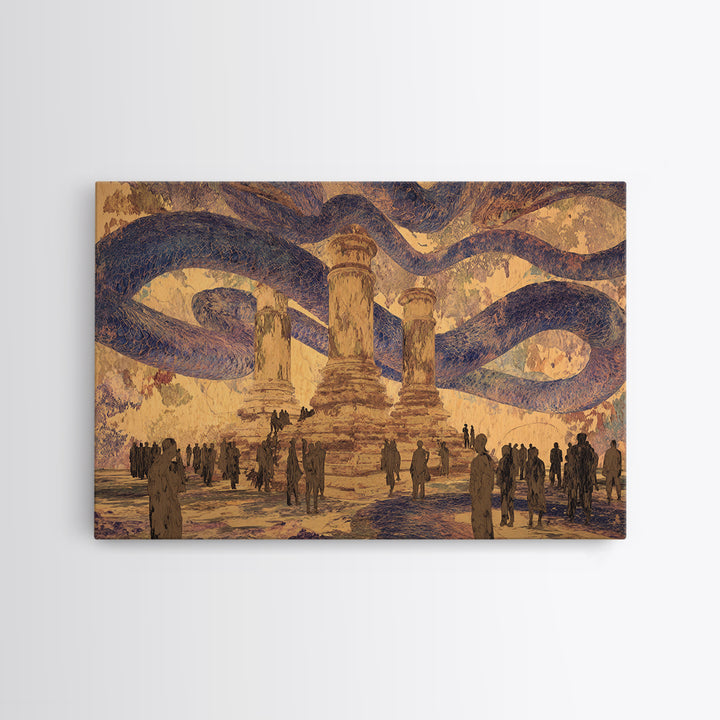 Ancient Columns Beneath Giant Serpent Canopy Wall Art, Surreal African Inspired Fantasy Landscape, Statement Home Decor Art