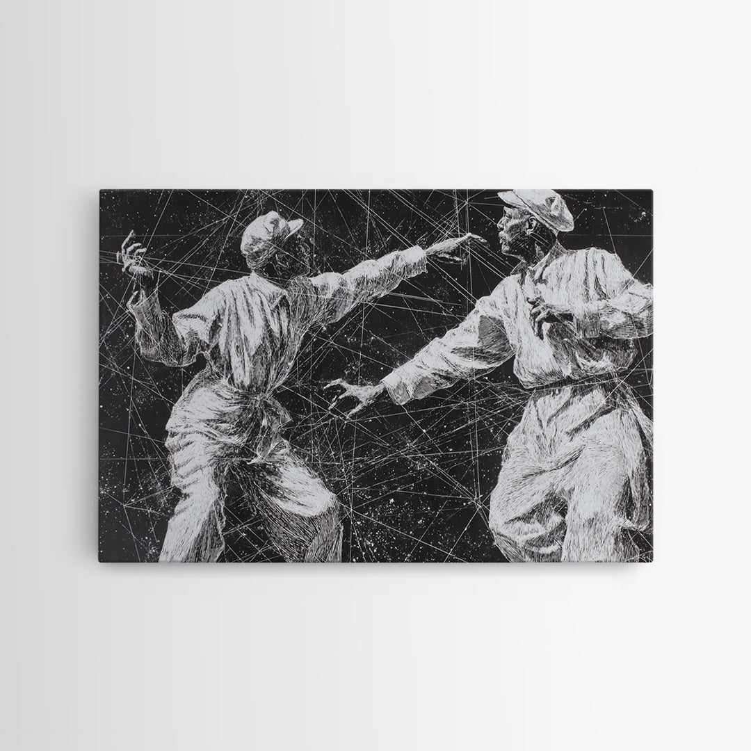 Black And White African Dancers Under Star Lines Wall Art, Afrocentric Art Print, Black Culture Decor, Modern Tribal Artwork