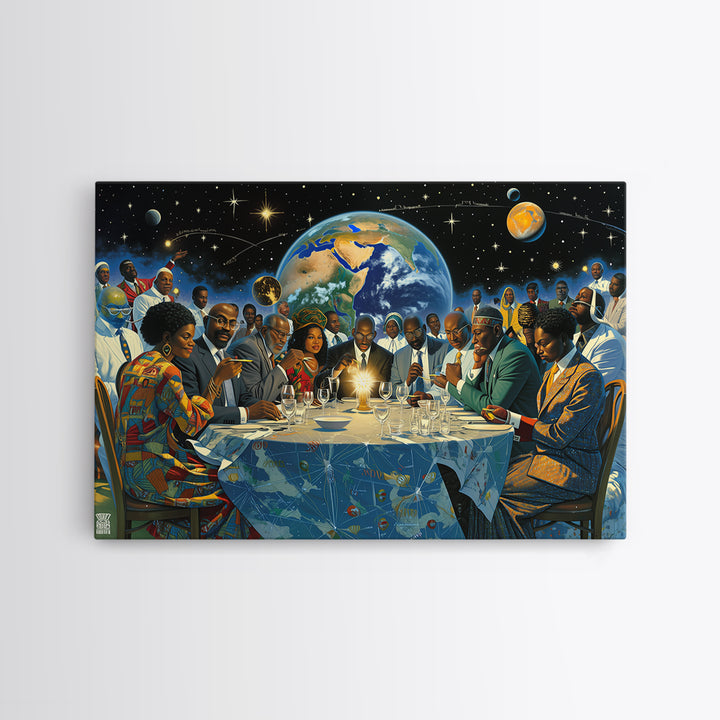 Afrofuturist African Leaders Around Earth Framed Canvas Print, Black Excellence Wall Art, Diaspora Culture Home Decor Gift