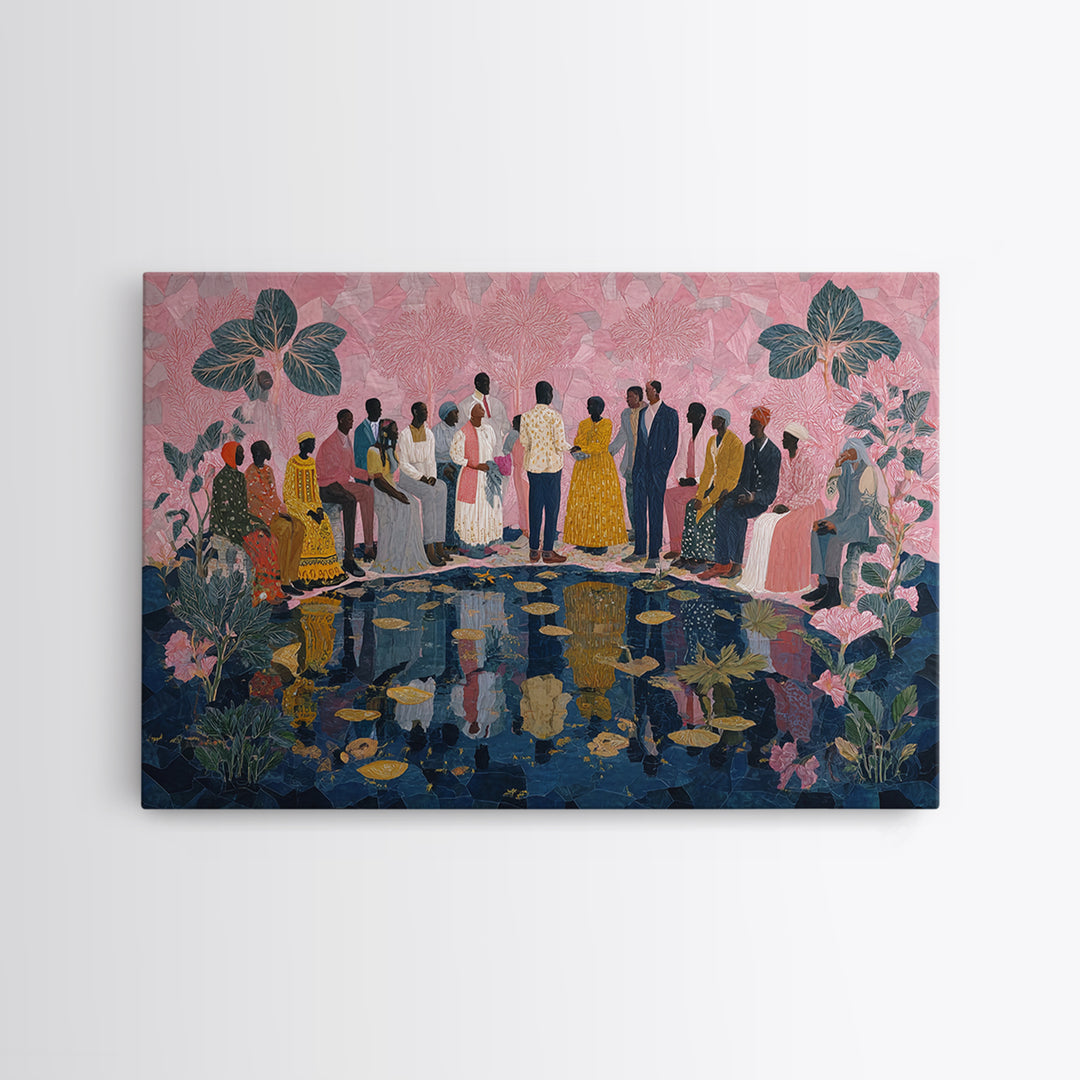 Elegant African Garden Ceremony By Lily Pond Canvas Print, Black Women Art, Afrocentric Wall Decor, Cultural Wedding Gift