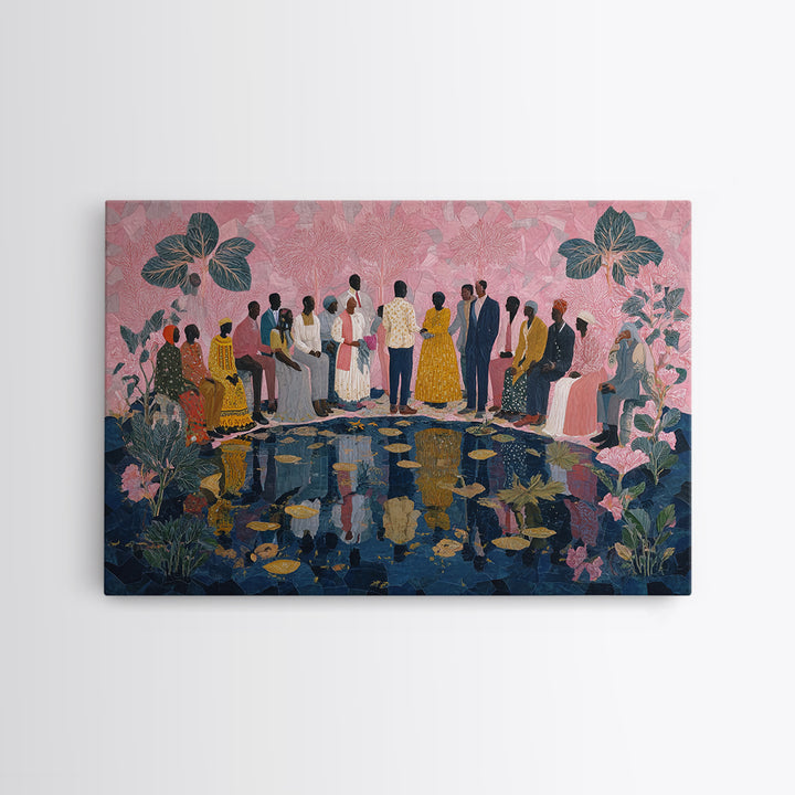 Elegant African Garden Ceremony By Lily Pond Canvas Print, Black Women Art, Afrocentric Wall Decor, Cultural Wedding Gift