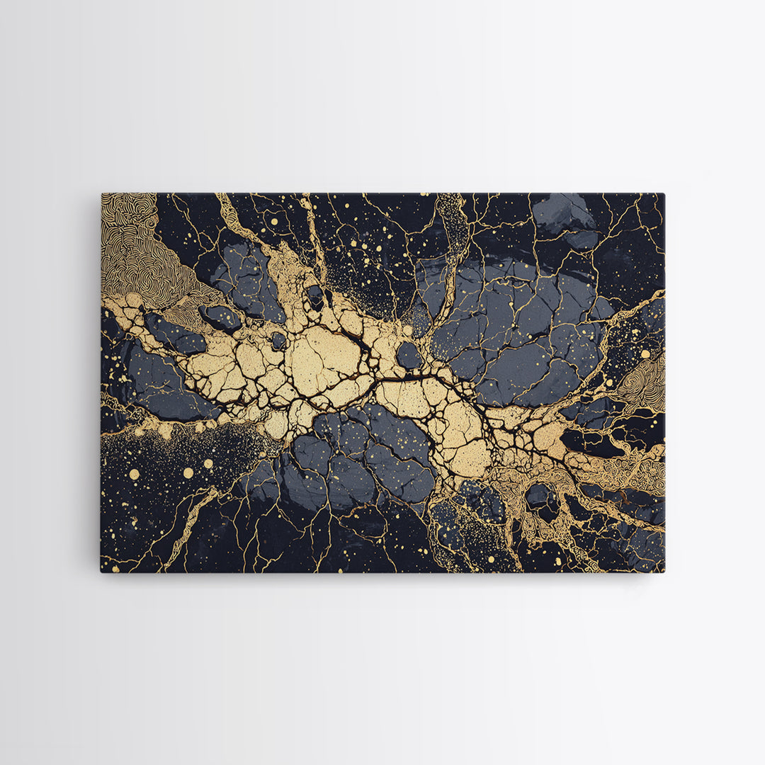 Black And Gold Abstract Cracked Marble Wall Art, Luxury Canvas Print, Modern Home Decor, Elegant Statement Piece Gift For Her