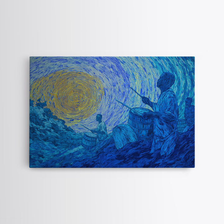 Blue African Drummers Beneath Swirling Sun Canvas Print, Tribal Music Wall Art, Afrocentric Decor, Cultural Home Gift For Him