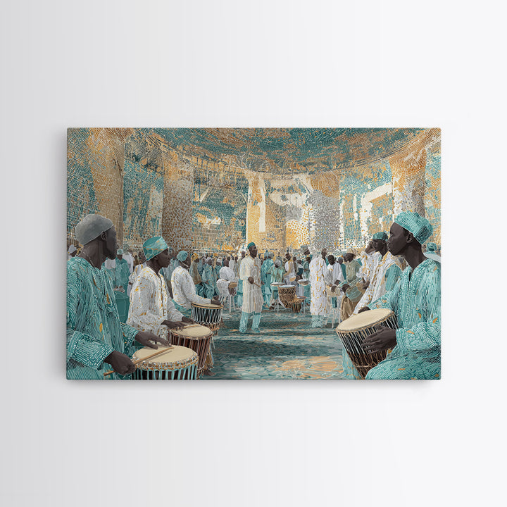 Turquoise African Drum Ceremony In Ornate Hall Framed Canvas Print, Afrocentric Wall Art, Cultural Decor, Luxury Home Gift