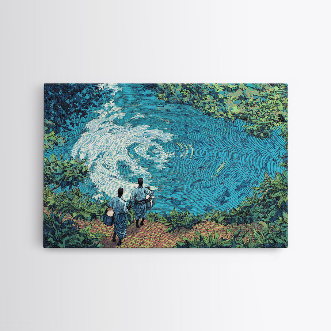 Blue River Spiral With African Musicians Wall Art, Nature Scene Art, Afrocentric Decor, Cultural Landscape Print, Home Decor Gift
