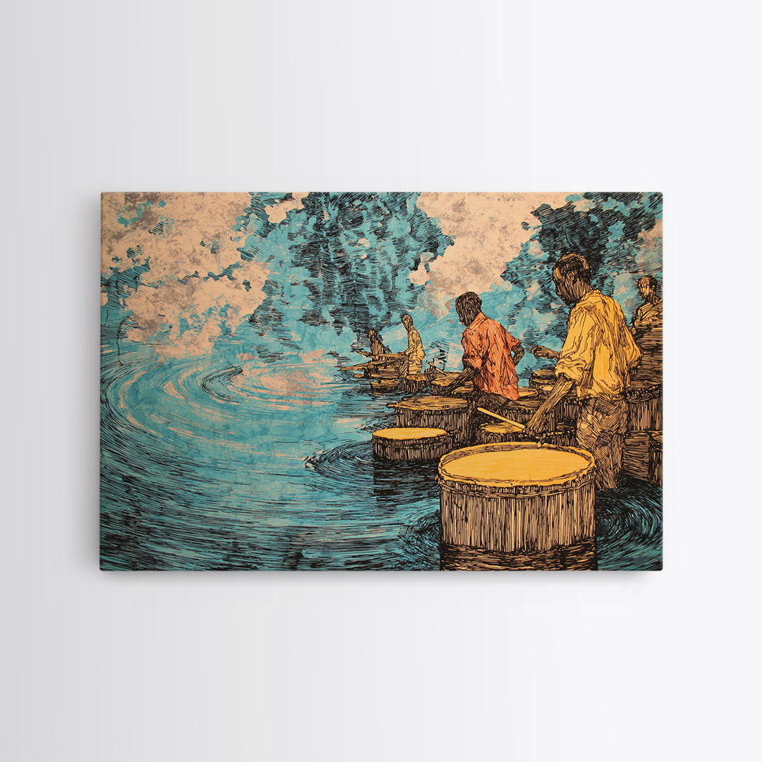Waterside African Drummers With Blue Reflections Canvas Print, Afrocentric Music Art, Cultural Wall Decor, Unique Home Decor Gift
