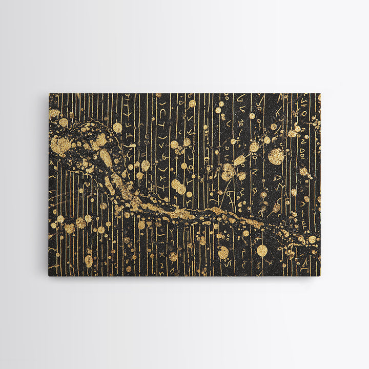 Black Gold Ancient Script Abstract Wall Art, African Inspired Luxury Canvas Decor, Textured Tribal Pattern Home Accent Print