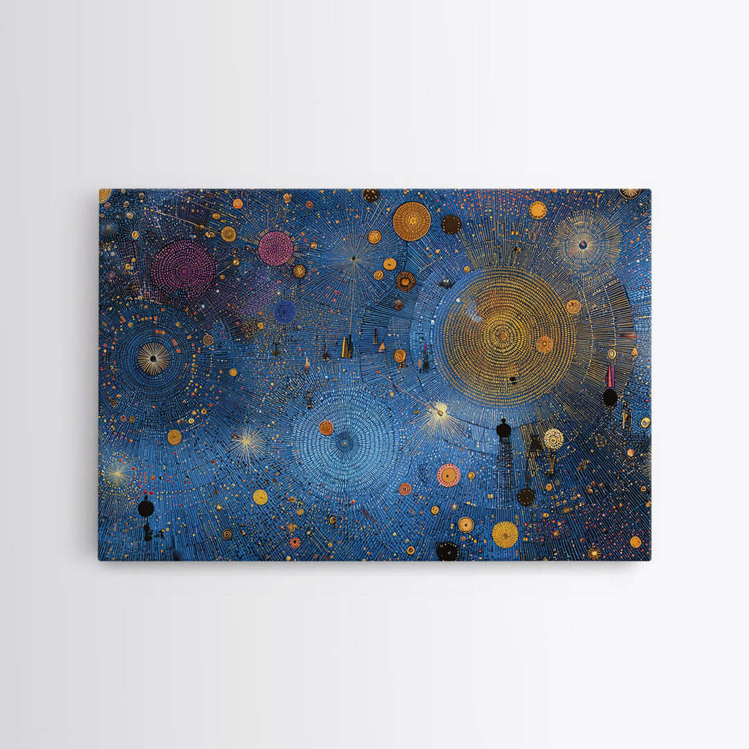 Blue Celestial Dot Pattern Canvas Print, Abstract African Art, Cosmic Tribal Wall Decor, Modern Cultural Home Decor Accent