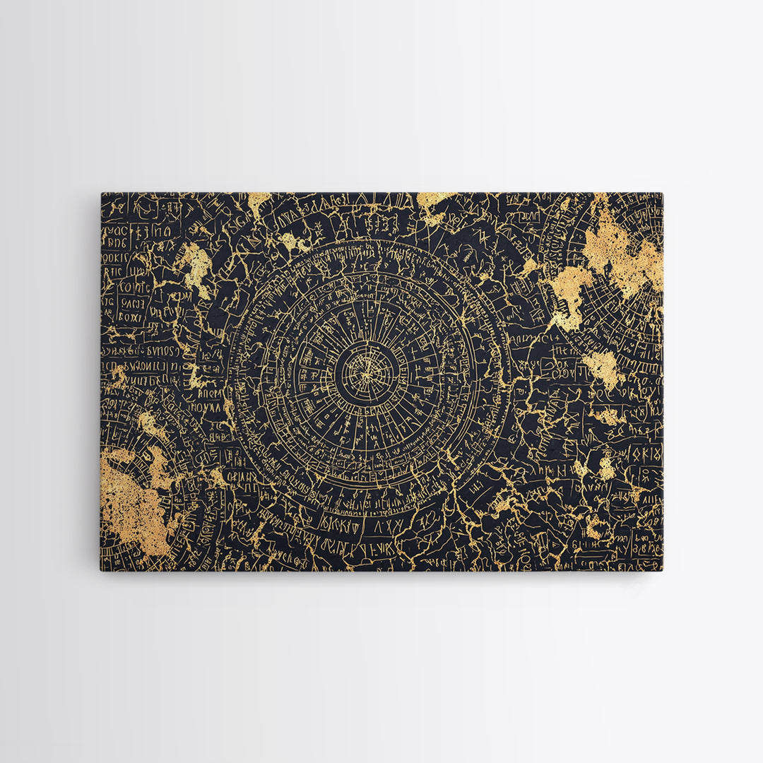 Gold Circular Ancient Map Wall Art, African Inspired Abstract Pattern, Tribal Astronomy Decor, Luxury Black Canvas Print