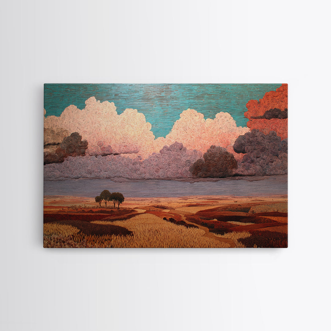 Dreamy African Savanna Landscape Canvas Print, Pink Cloud Sunset Wall Decor, Earth Tone Nature Scene Art For Living Room Gift