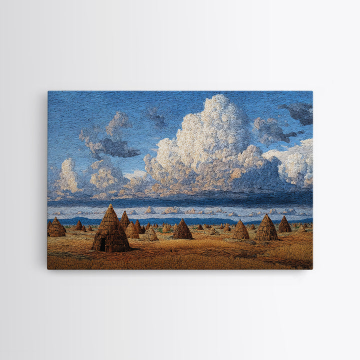 Coastal African Village Huts Wall Art, Blue Sky Landscape Painting, Cultural Safari Decor, Rustic Home Canvas Print Gift