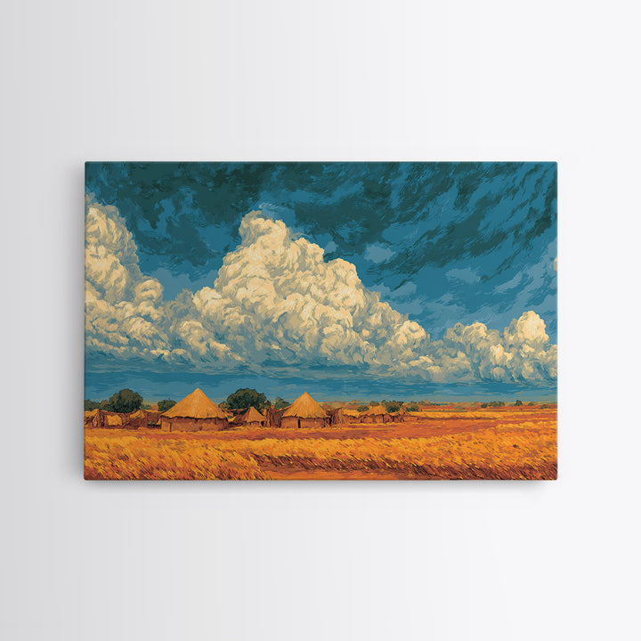 Golden African Village Landscape Framed Canvas Print, Dramatic Cloud Wall Decor, Safari Art For Warm Boho Home Decor Gift