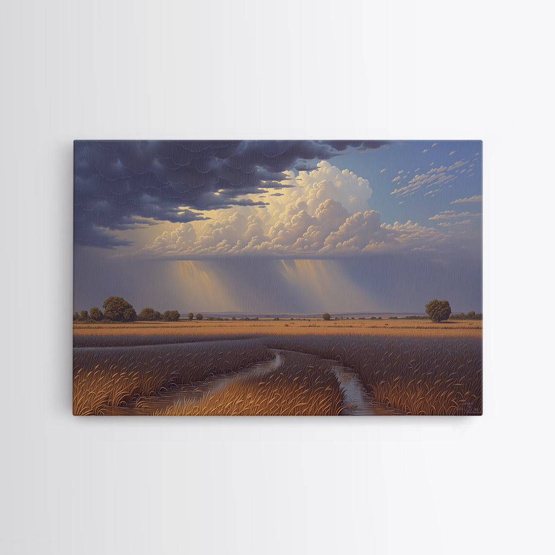 Golden Wetland Storm Over African Savanna Wall Art, Dramatic Landscape Canvas Print, Safari Decor, Earth Tone Home Decor