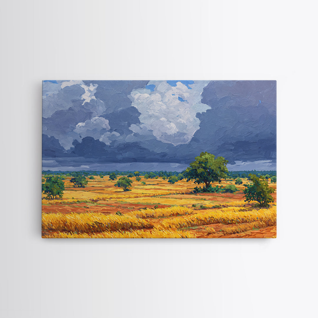 Golden African Plains Under Storm Clouds Canvas Print, Savanna Landscape Wall Art, Safari Decor, Modern Home Decor Gift For Him