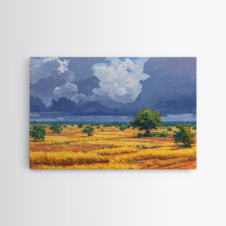 Golden African Plains Under Storm Clouds Canvas Print, Savanna Landscape Wall Art, Safari Decor, Modern Home Decor Gift For Him