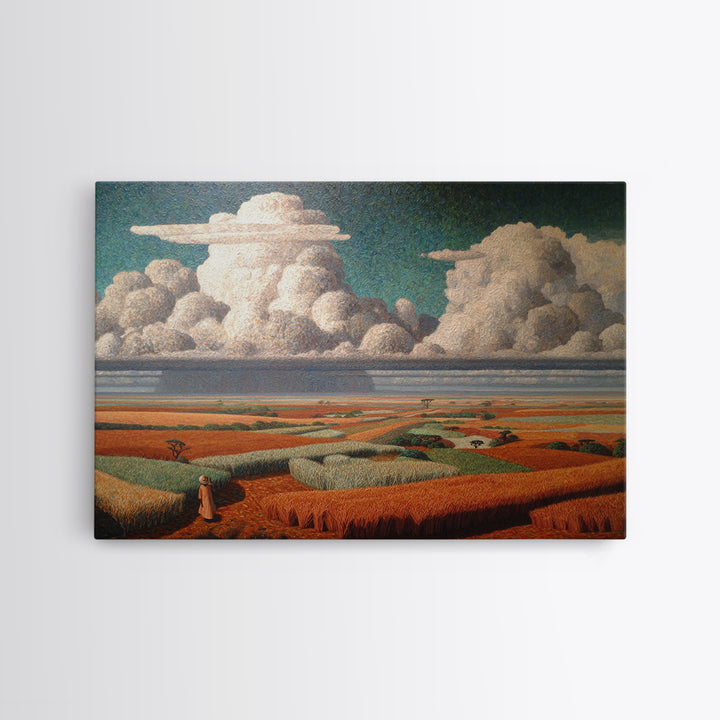Patchwork Fields And Giant Clouds African Wall Art, Cultural Landscape Canvas Print, Earth Tone Decor, Unique Home Decor
