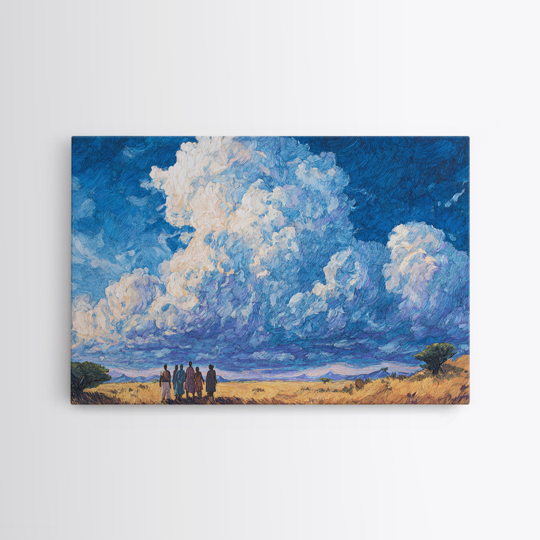 Maasai Figures Beneath Towering Blue Clouds Wall Art, African Landscape Canvas Print, Cultural Art, Living Room Decor Gift