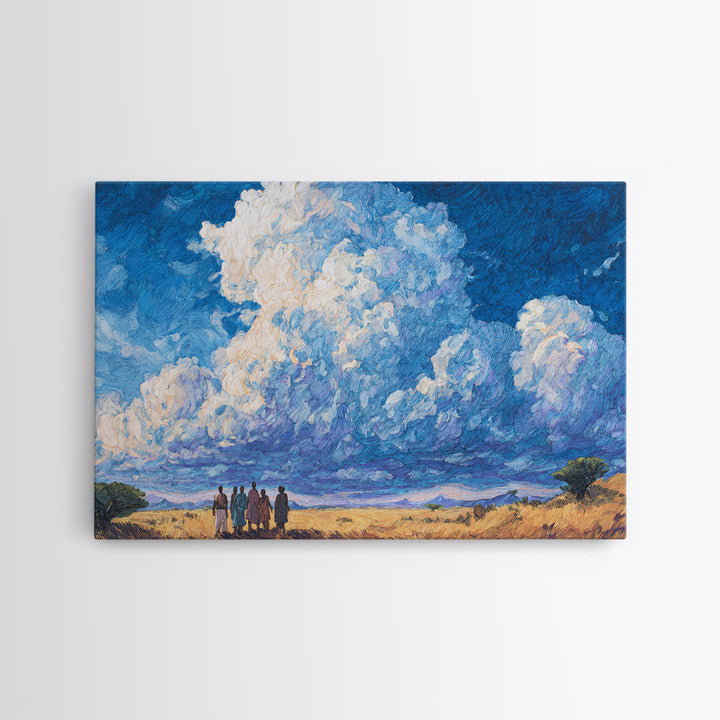 Maasai Figures Beneath Towering Blue Clouds Wall Art, African Landscape Canvas Print, Cultural Art, Living Room Decor Gift