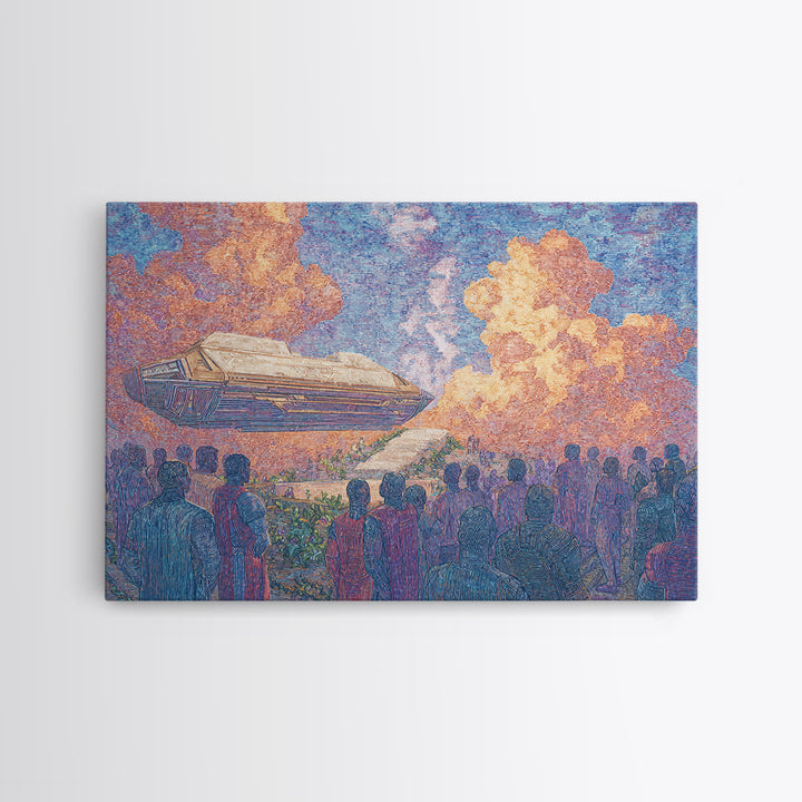 Afrofuturist Airship Above African Crowd Wall Art, Sci Fi Canvas Print, Black Culture Art, Bold Home Decor, Unique Gift For Him