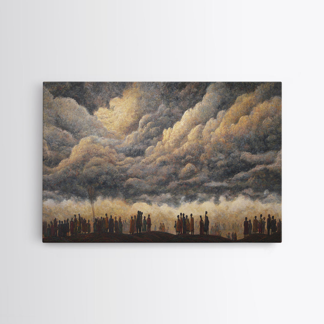 Gathered Silhouettes Under Thunderclouds Framed Canvas Print, African Wall Art, Spiritual Landscape, Statement Home Decor