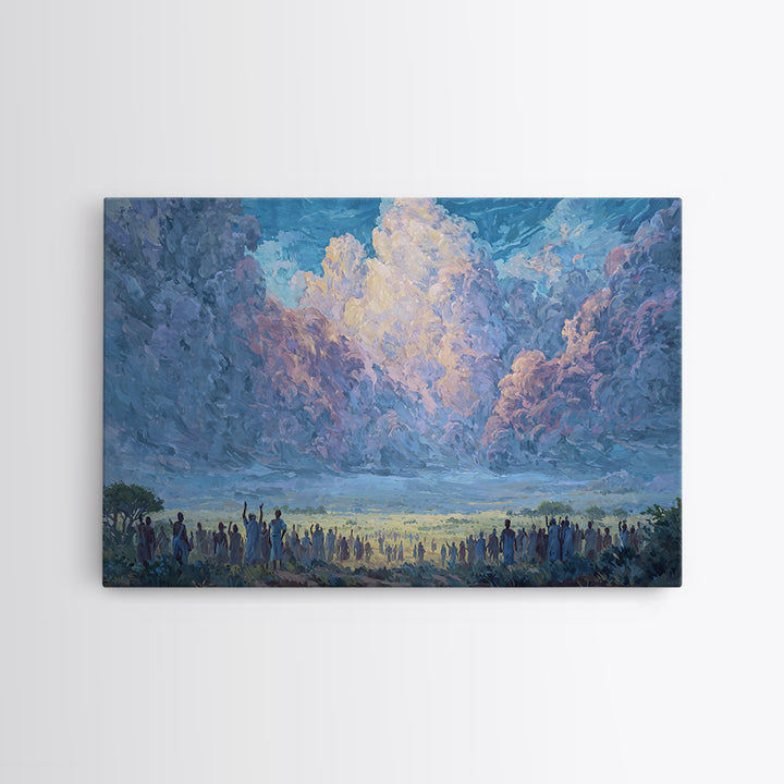 Blue Dawn Clouds Over African Gathering Wall Art, Modern African Art Canvas Print, Cultural Wall Decor, Meaningful Gift For Her