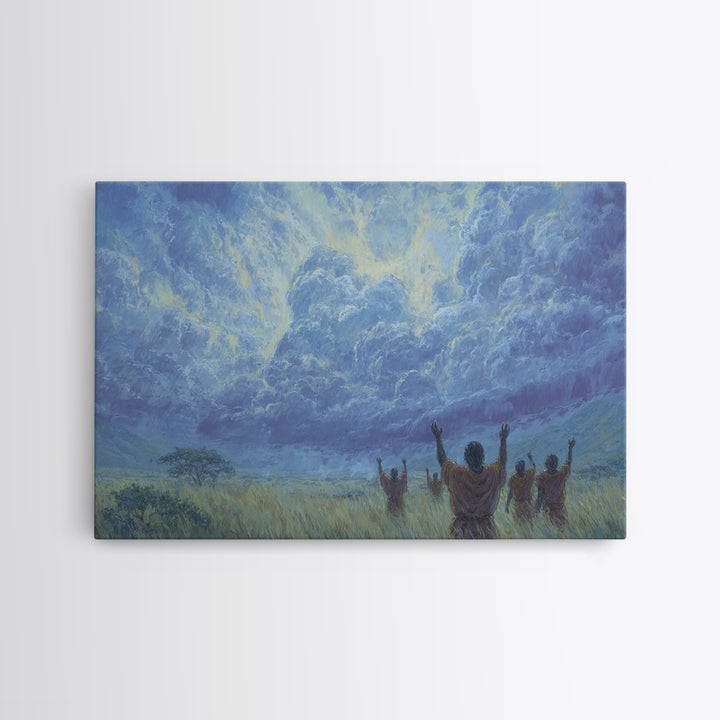 Figures Raising Hands To Radiant Blue Storm Wall Art, Spiritual African Canvas Print, Ancestral Decor, Prayer Room Art Gift
