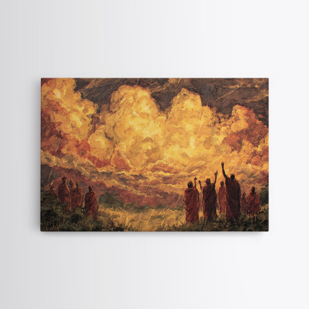 Robed Figures Before Fiery Golden Clouds Canvas Print, African Wall Art, Spiritual Landscape, Burnt Orange Home Decor Gift