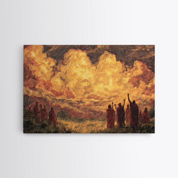 Robed Figures Before Fiery Golden Clouds Canvas Print, African Wall Art, Spiritual Landscape, Burnt Orange Home Decor Gift