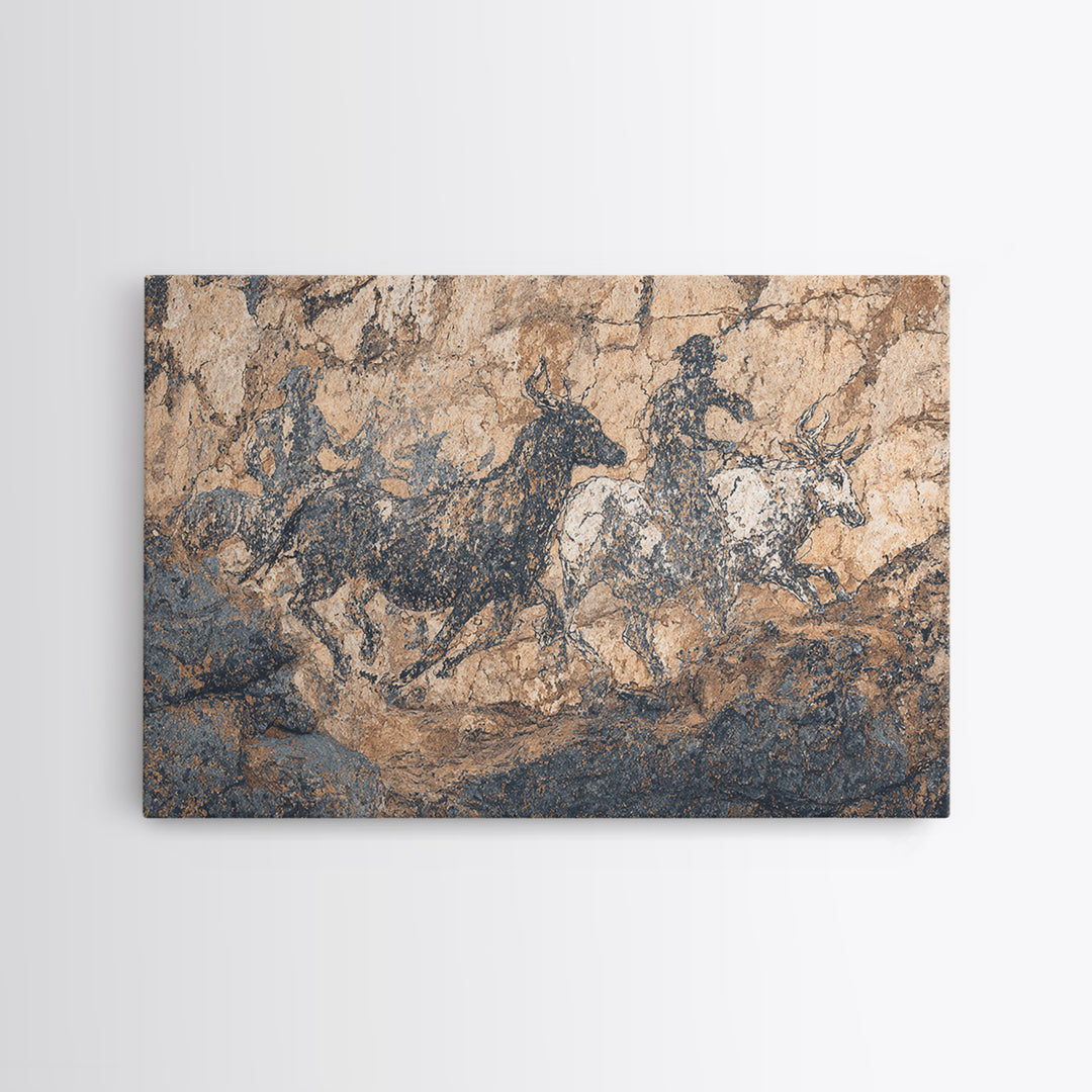 Ancient Cave Horse And Antelope Wall Art, African Safari Art Print, Rustic Rock Painting, Earth Tone Cultural Decor Gift
