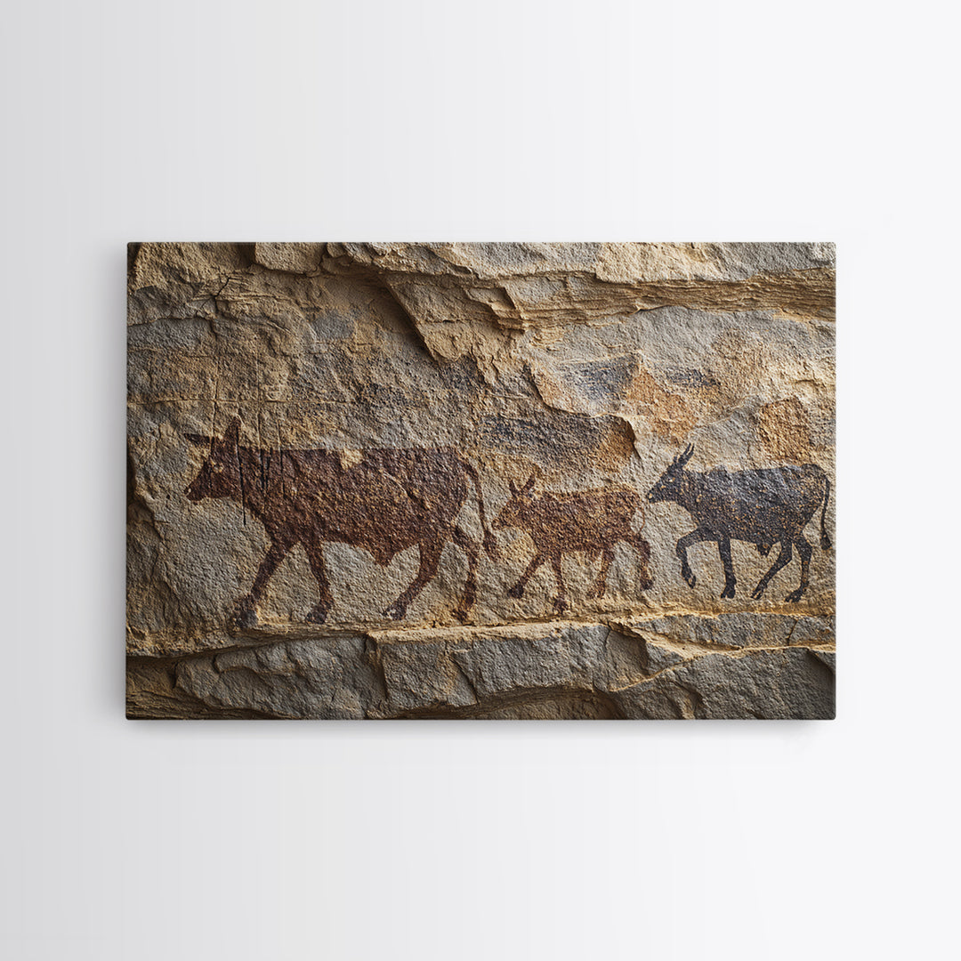 Stone Wall Herd Rock Painting Framed Canvas Print, African Animal Art, Rustic Tribal Art Decor, Cultural Home Decor Gift