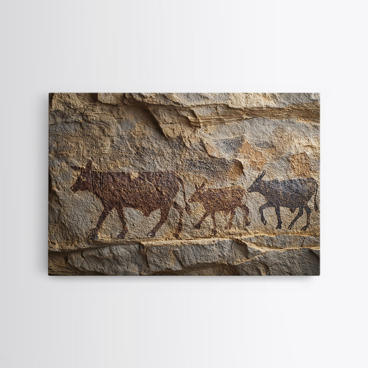Stone Wall Herd Rock Painting Framed Canvas Print, African Animal Art, Rustic Tribal Art Decor, Cultural Home Decor Gift