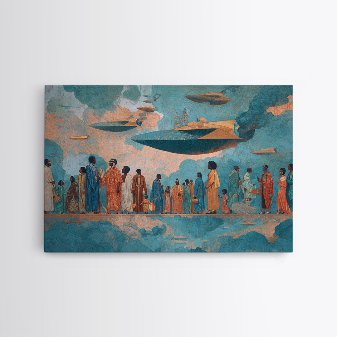 Afrofuturist Sky Procession Wall Art, Modern African Art, Black Culture Art Print, Teal Orange Contemporary Home Decor Gift