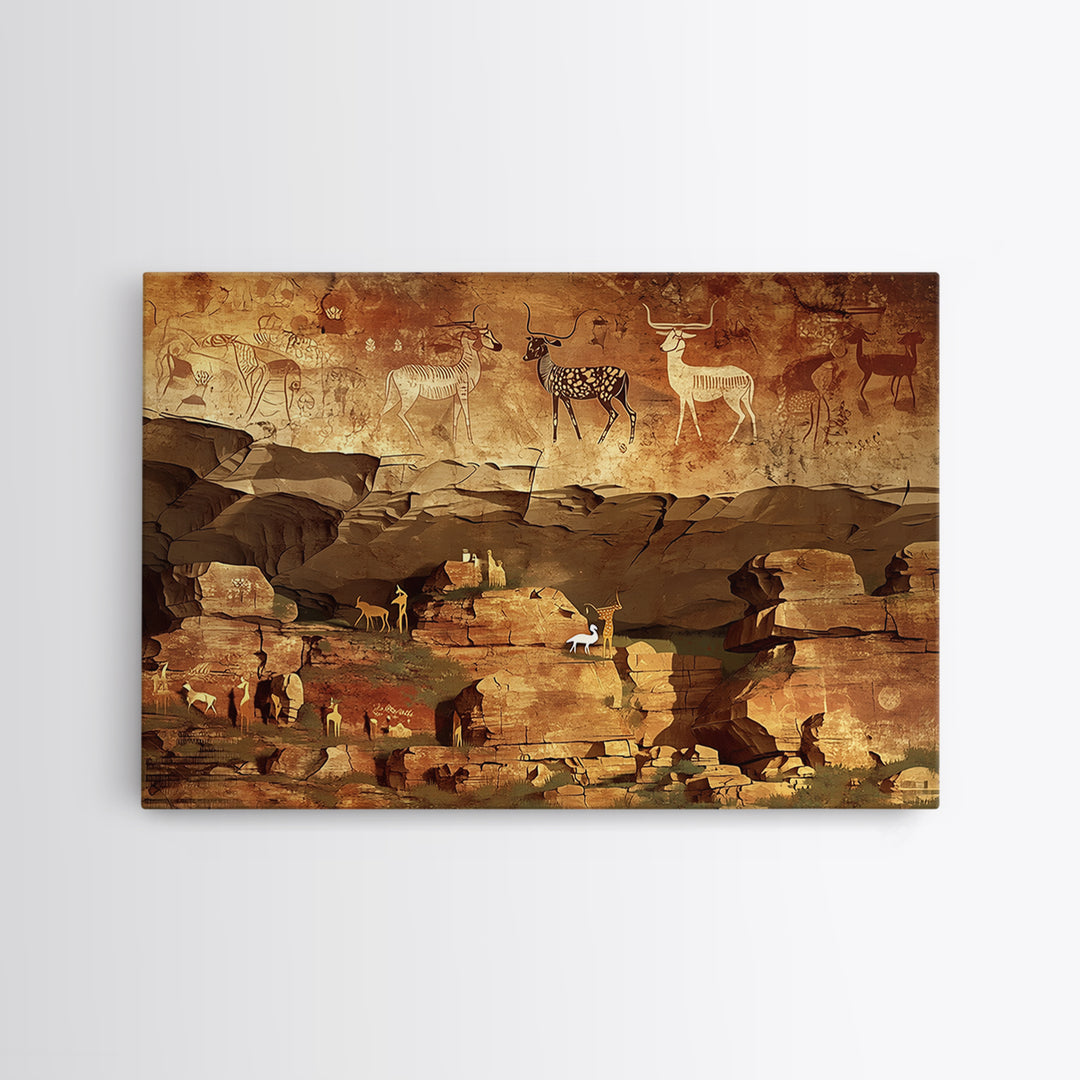 Ancient Canyon Cattle Cave Scene Canvas Print, African Safari Art, Tribal Rock Painting, Earth Tone Cultural Wall Decor Gift