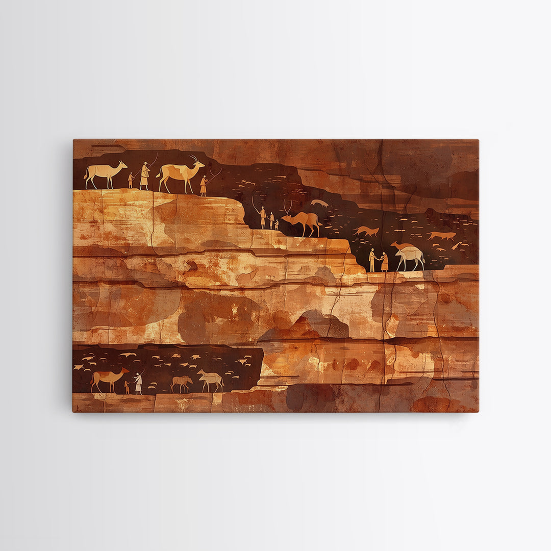 Desert Cliff Hunters And Antelope Wall Art, Ancient African Art Print, Terracotta Safari Decor, Rustic Cultural Wall Decor