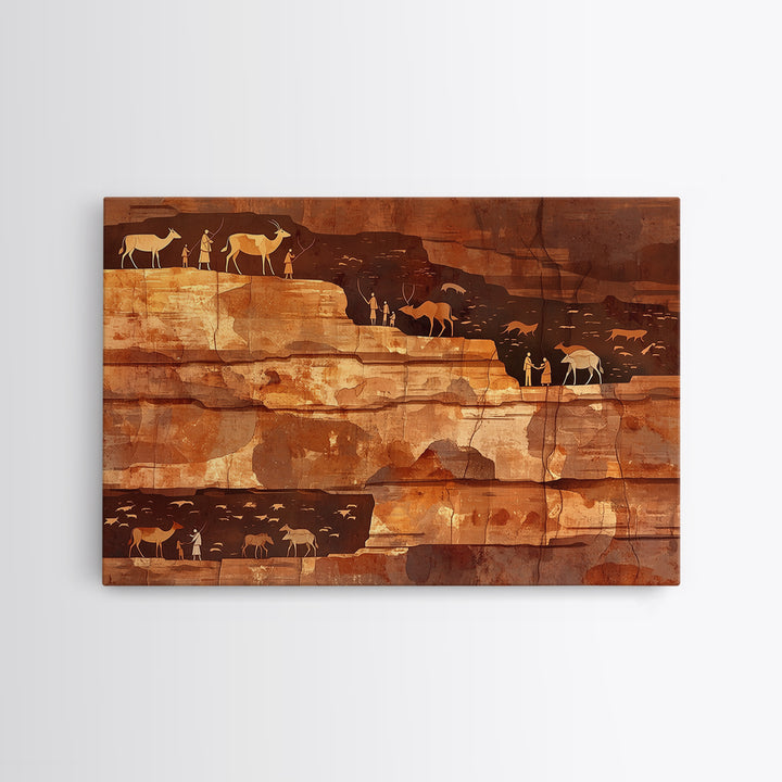 Desert Cliff Hunters And Antelope Wall Art, Ancient African Art Print, Terracotta Safari Decor, Rustic Cultural Wall Decor