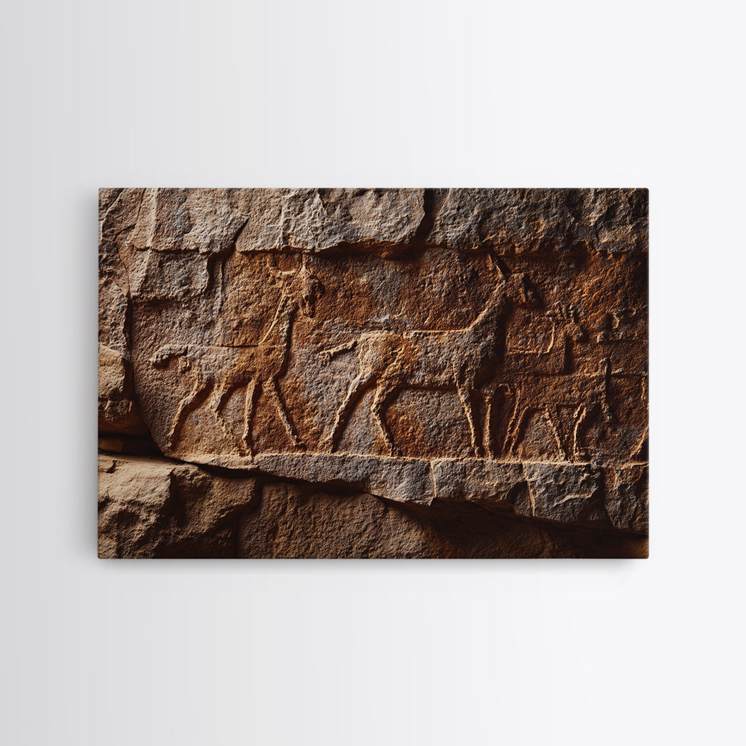 Carved Petroglyph Animal Procession Framed Canvas Print, African Tribal Art, Rustic Rock Wall Decor, Cultural Home Decor Gift