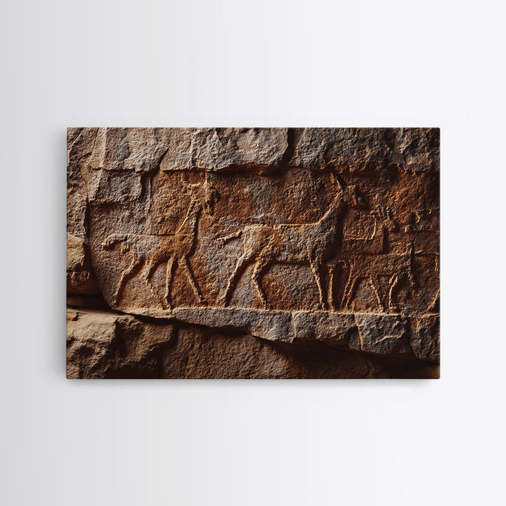 Carved Petroglyph Animal Procession Framed Canvas Print, African Tribal Art, Rustic Rock Wall Decor, Cultural Home Decor Gift