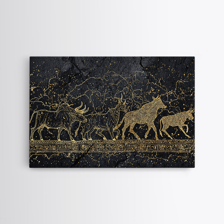 Gold Line Cattle Procession Wall Art, Black African Art, Tribal Animal Print, Luxury Canvas Decor, Modern Cultural Home Gift