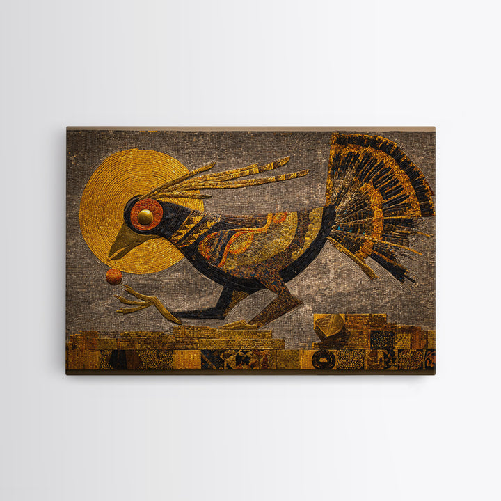 Golden Tribal Bird With Sun Wall Art, African Inspired Mosaic Canvas, Afrocentric Decor, Ethnic Pattern, Luxury Home Decor Gift