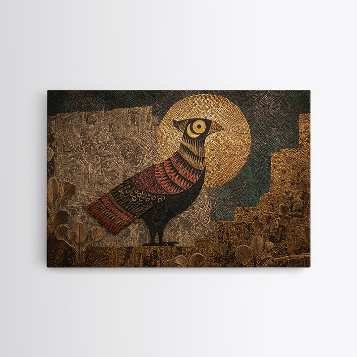 Halo Bird In Ancient Garden Wall Art, African Inspired Print, Gold Mosaic Texture, Boho Wall Decor, Ethnic Home Decor Gift