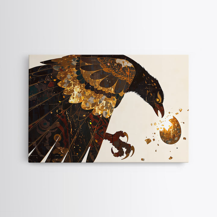 Golden Falcon Breaking Egg Canvas Print, Mythic Bird Wall Art, African Inspired Decor, Bold Contemporary Art, Unique Home Decor