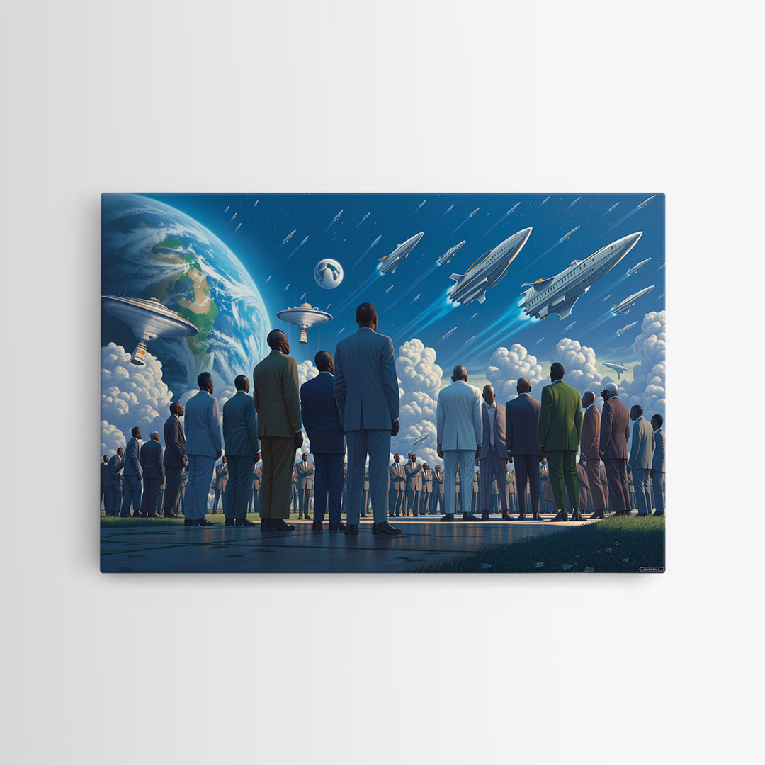 Afrofuturist Crowd Watching Spaceships Wall Art, Black Culture Art, Sci Fi African Inspired Canvas, Modern Statement Decor