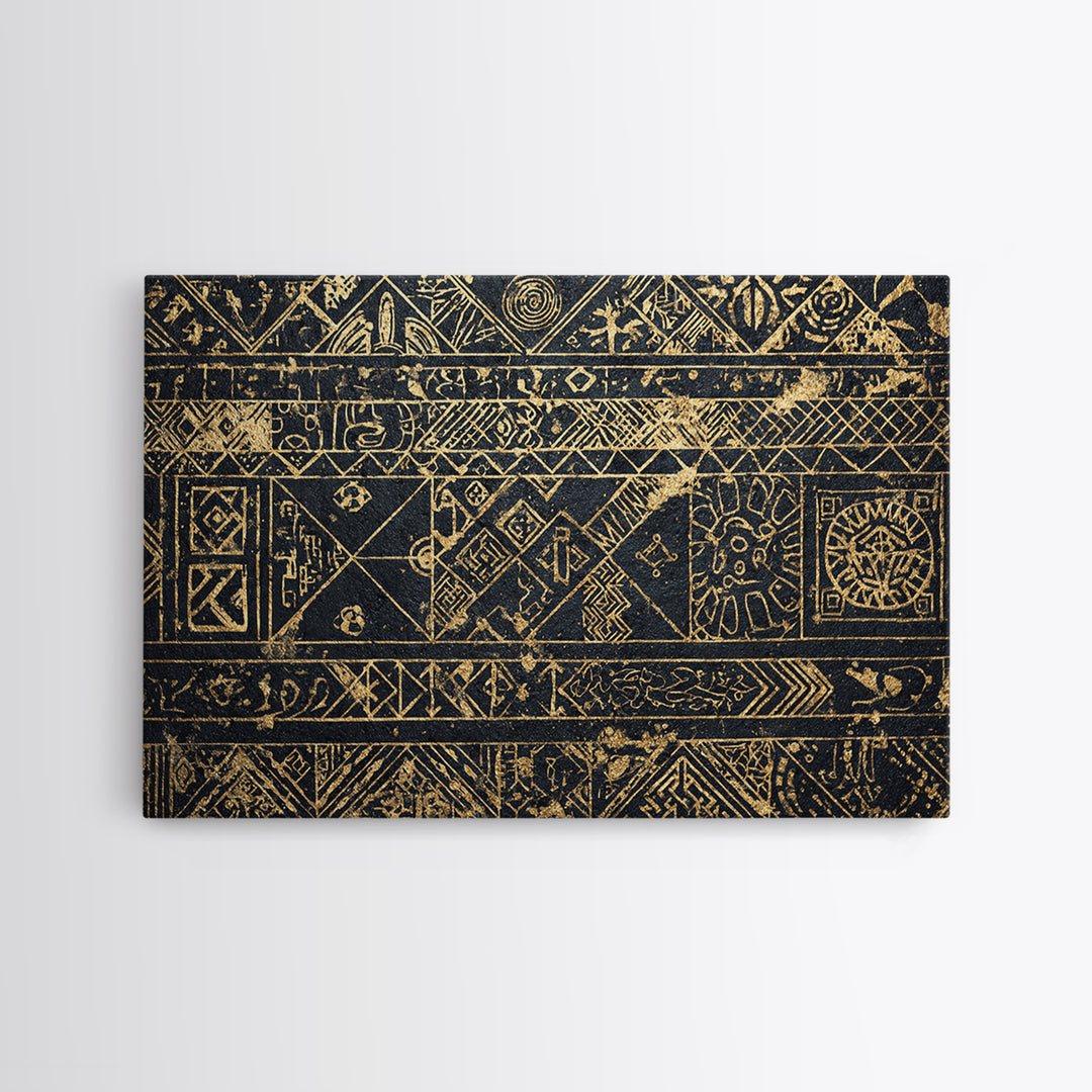 Black Gold Tribal Pattern Wall Art, African Abstract Geometric Canvas Print, Kuba Inspired Textile Art, Ethnic Wall Decor