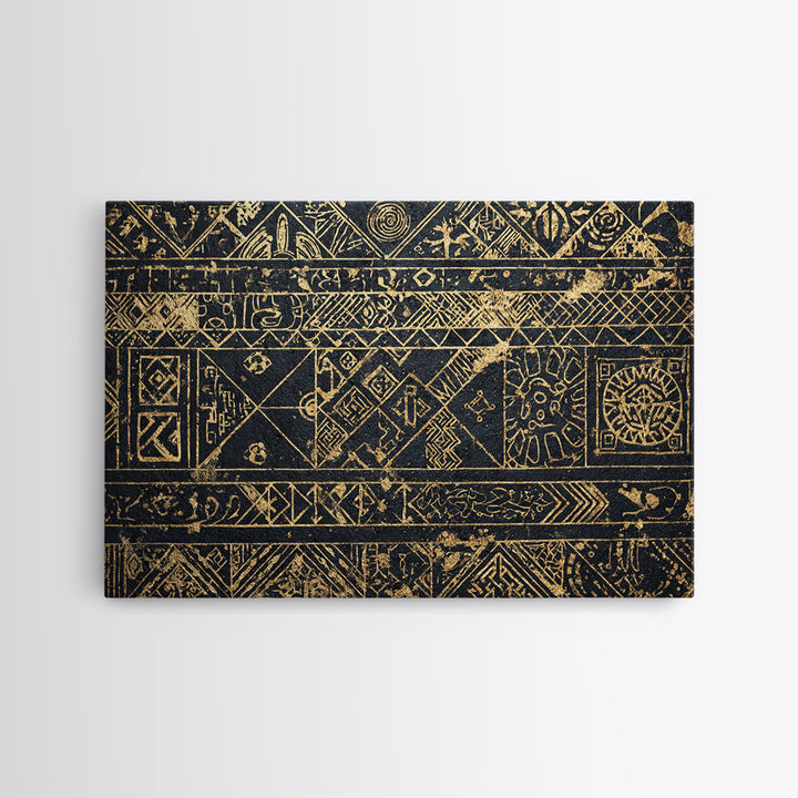 Black Gold Tribal Pattern Wall Art, African Abstract Geometric Canvas Print, Kuba Inspired Textile Art, Ethnic Wall Decor